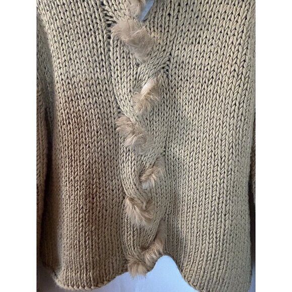Kenji Natural Chunky Hand Knit Brown Rabbit Fur Trim Pullover Sweater Size XL - Picture 2 of 8
